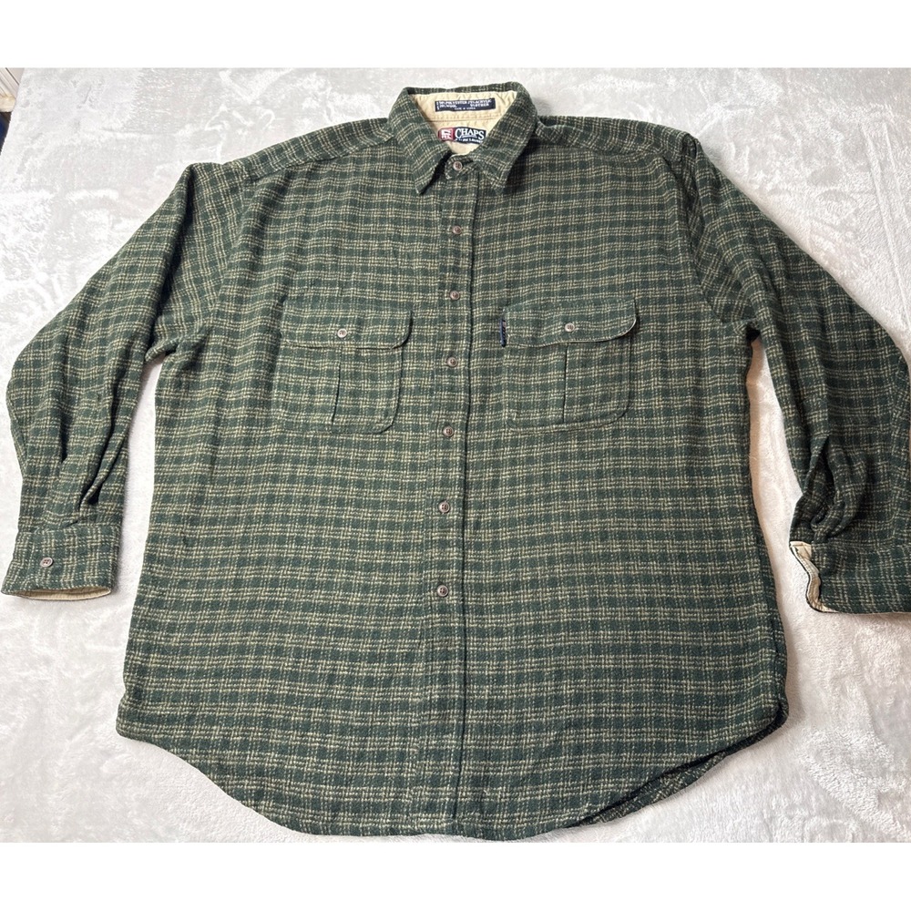 Chaps Ralph Lauren Men's Flannel Shirt Size Large Wool Blend Green Plaid Button